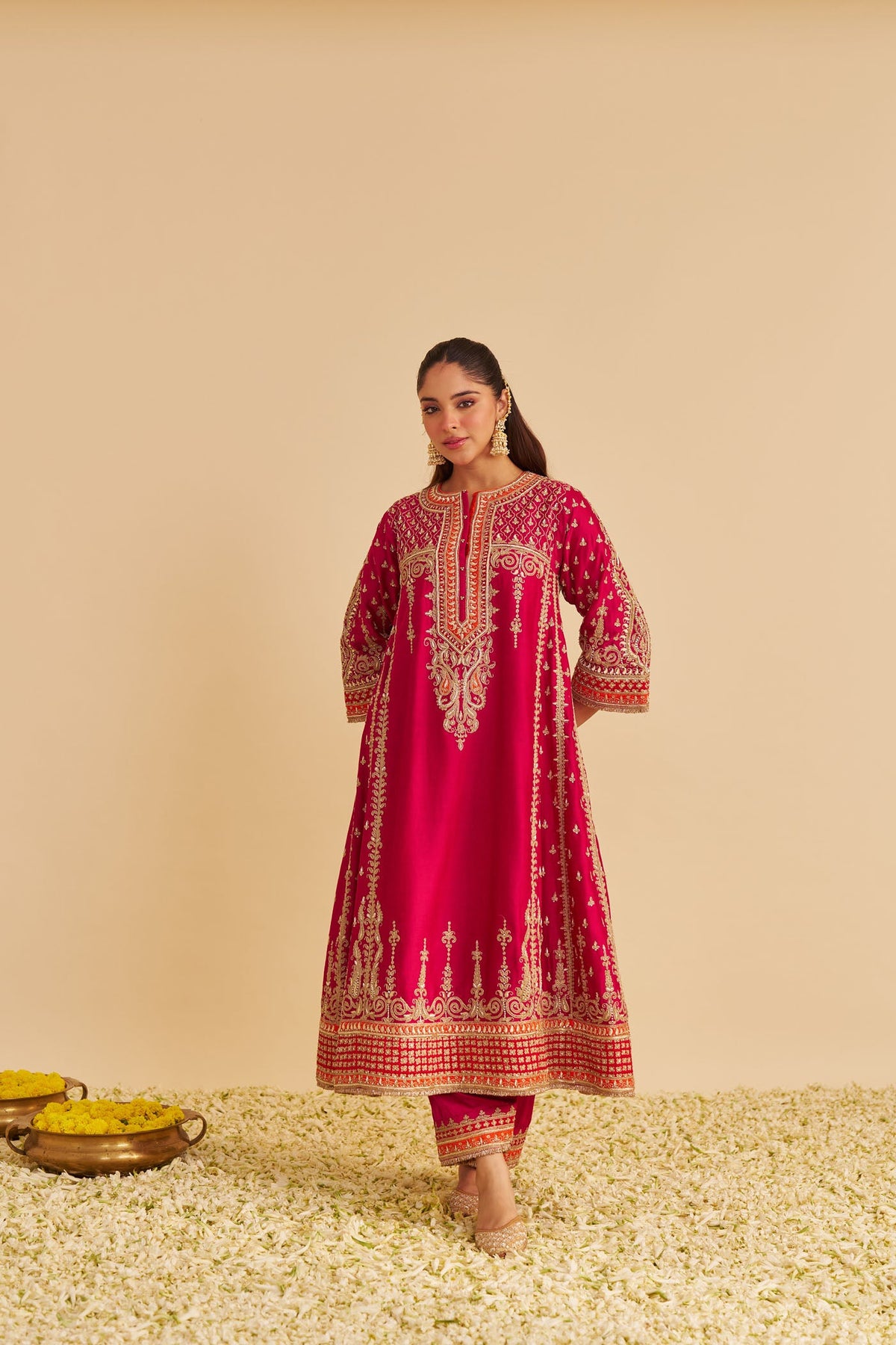 Nargis  - Dabka Zardozi Embroidered Rich Banarasi Kalidaar Rani Hotpink Long Chauga Set (LXRTS)