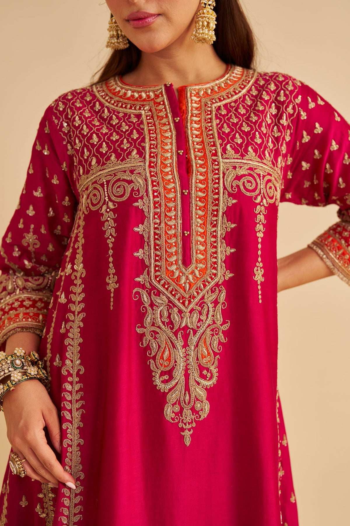 Nargis  - Dabka Zardozi Embroidered Rich Banarasi Kalidaar Rani Hotpink Long Chauga Set (LXRTS)