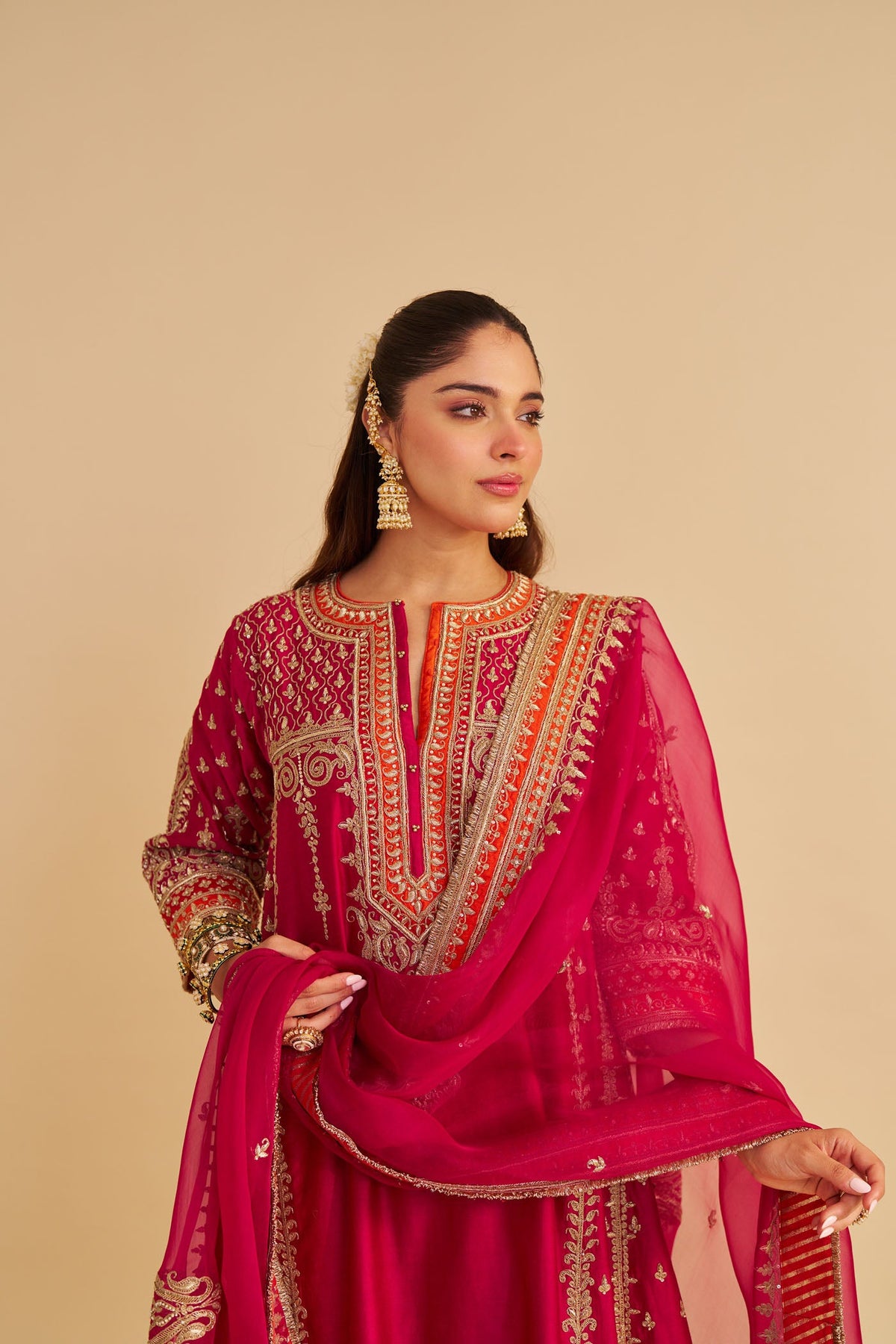 Nargis  - Dabka Zardozi Embroidered Rich Banarasi Kalidaar Rani Hotpink Long Chauga Set
