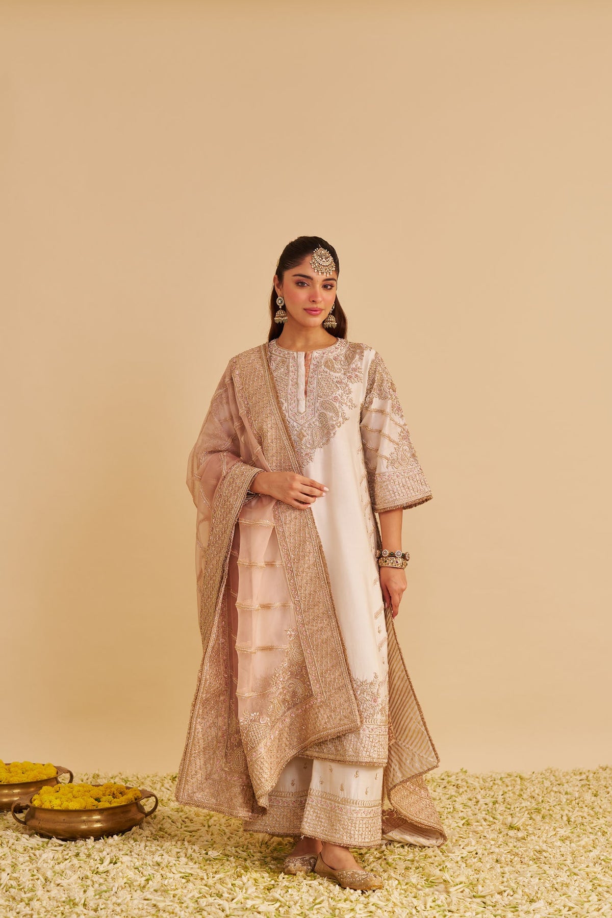 Aqsha  - Dabka Zardozi Embroidered Rich Banarasi Daisy Ivory Long Chauga & Palazzo with Dupatta (LXRTS)