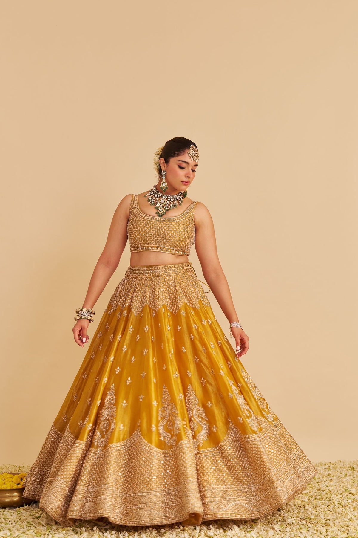 Aashina  - Dabka Zardozi Embroidered Pure Tissue Mustard Gold Lehenga Set
