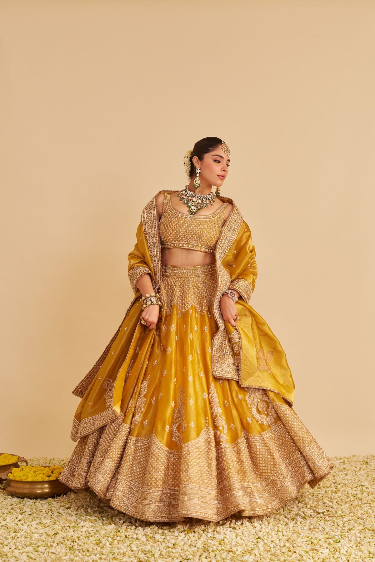 Aashina  - Dabka Zardozi Embroidered Pure Tissue Mustard Gold Lehenga Set