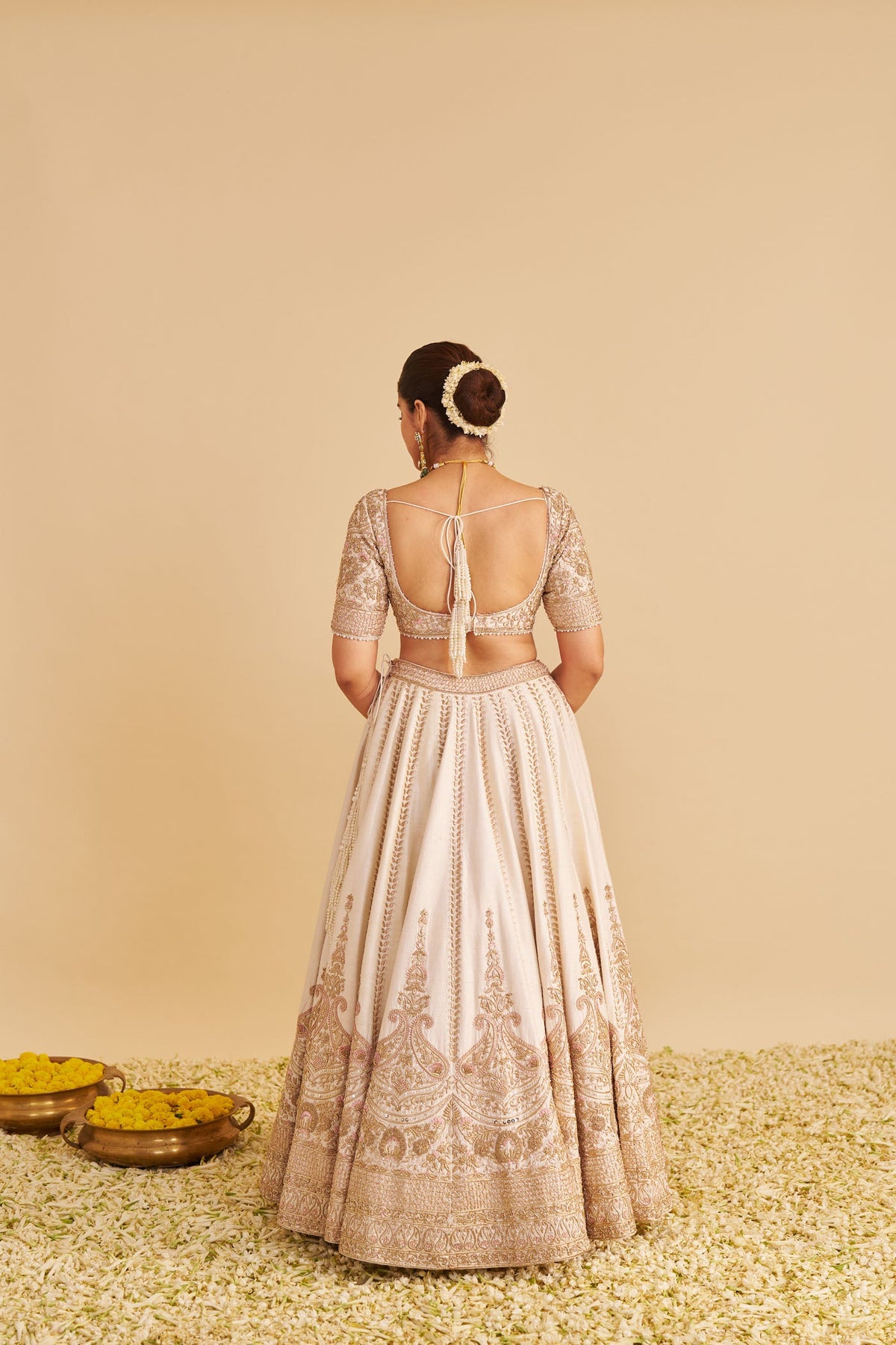 Farah - Dabka Zardozi Embroidered Pure Silk Daisy Ivory Lehenga Set (LXRTS)
