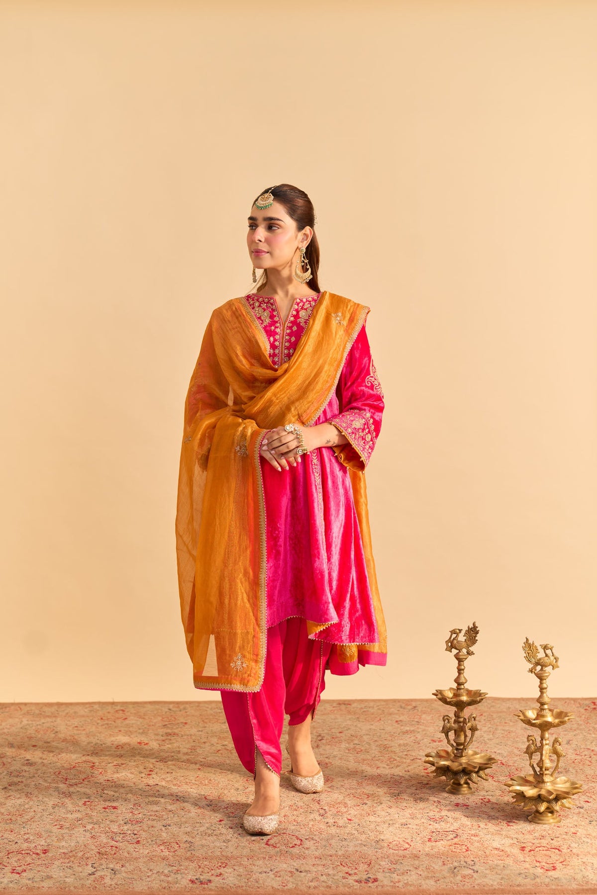 Ziara - Silk Velvet Rani Hotpink Kurta with Dhoti