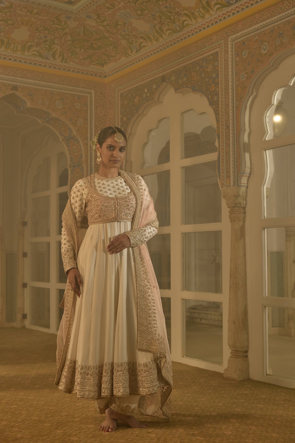 Noor - Dabka Zardozi Embroidered Chanderi Silk Daisy Ivory Anarkali Set