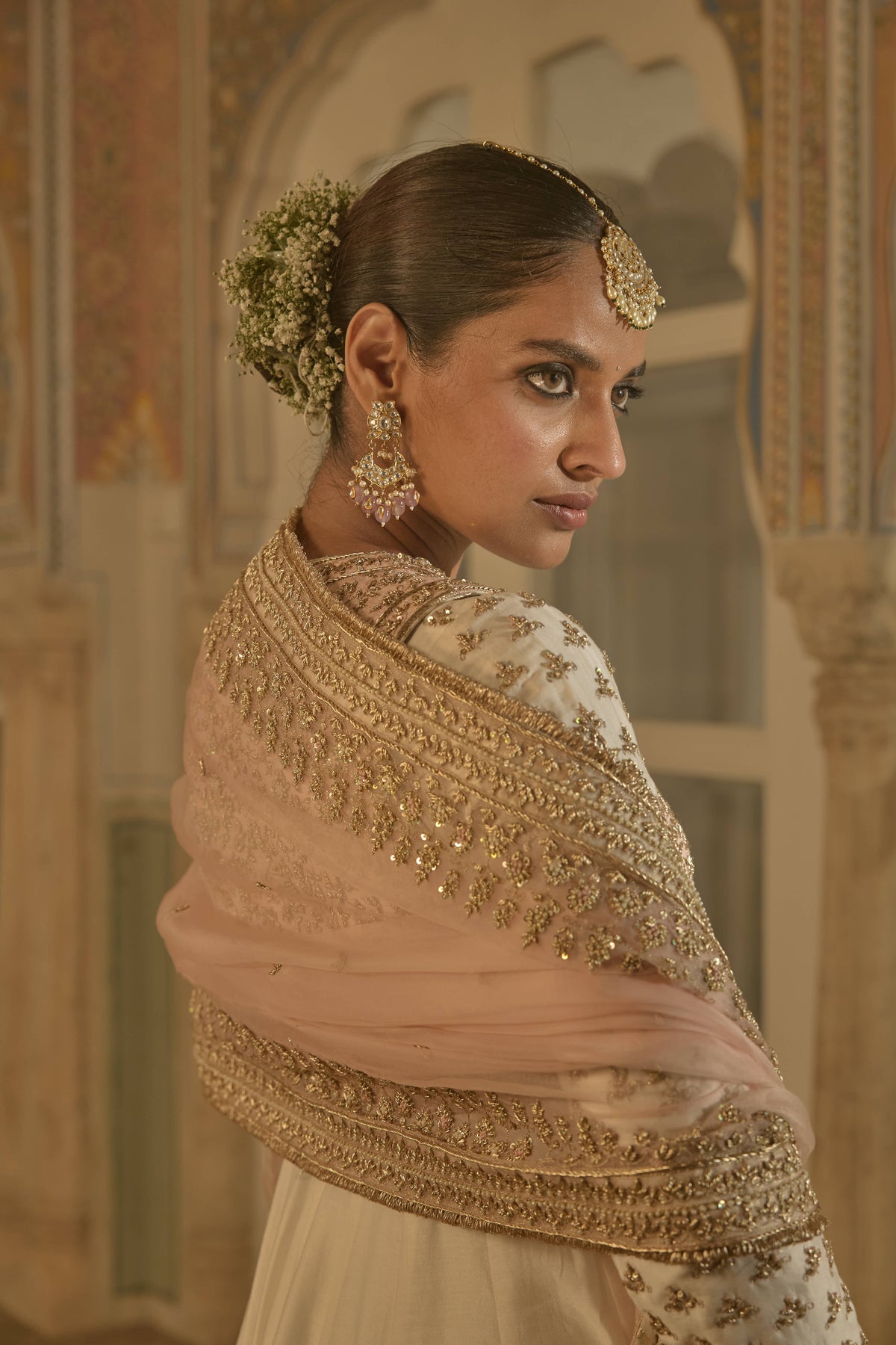 Noor - Dabka Zardozi Embroidered Chanderi Silk Daisy Ivory Anarkali Set