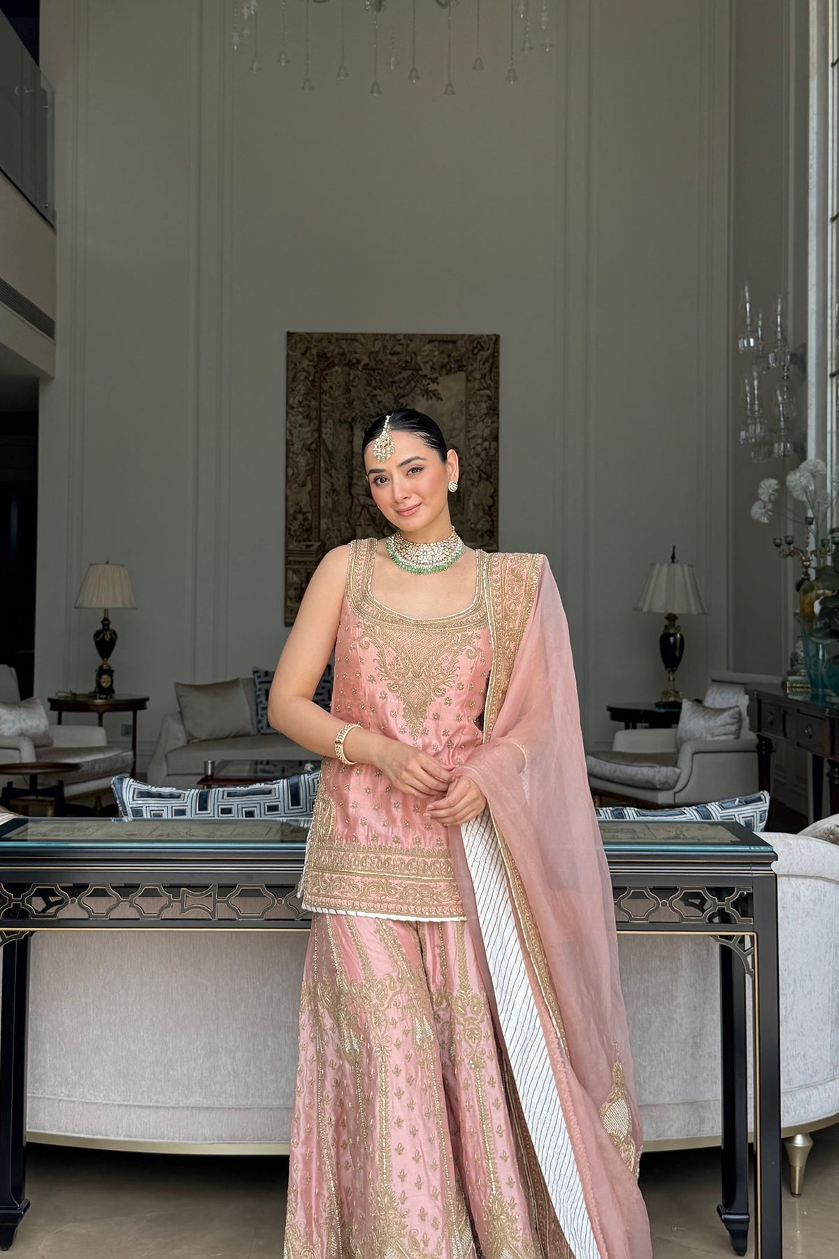 Evneet In Tasnim - Pink Kurta Set with Sharara & Dupatta