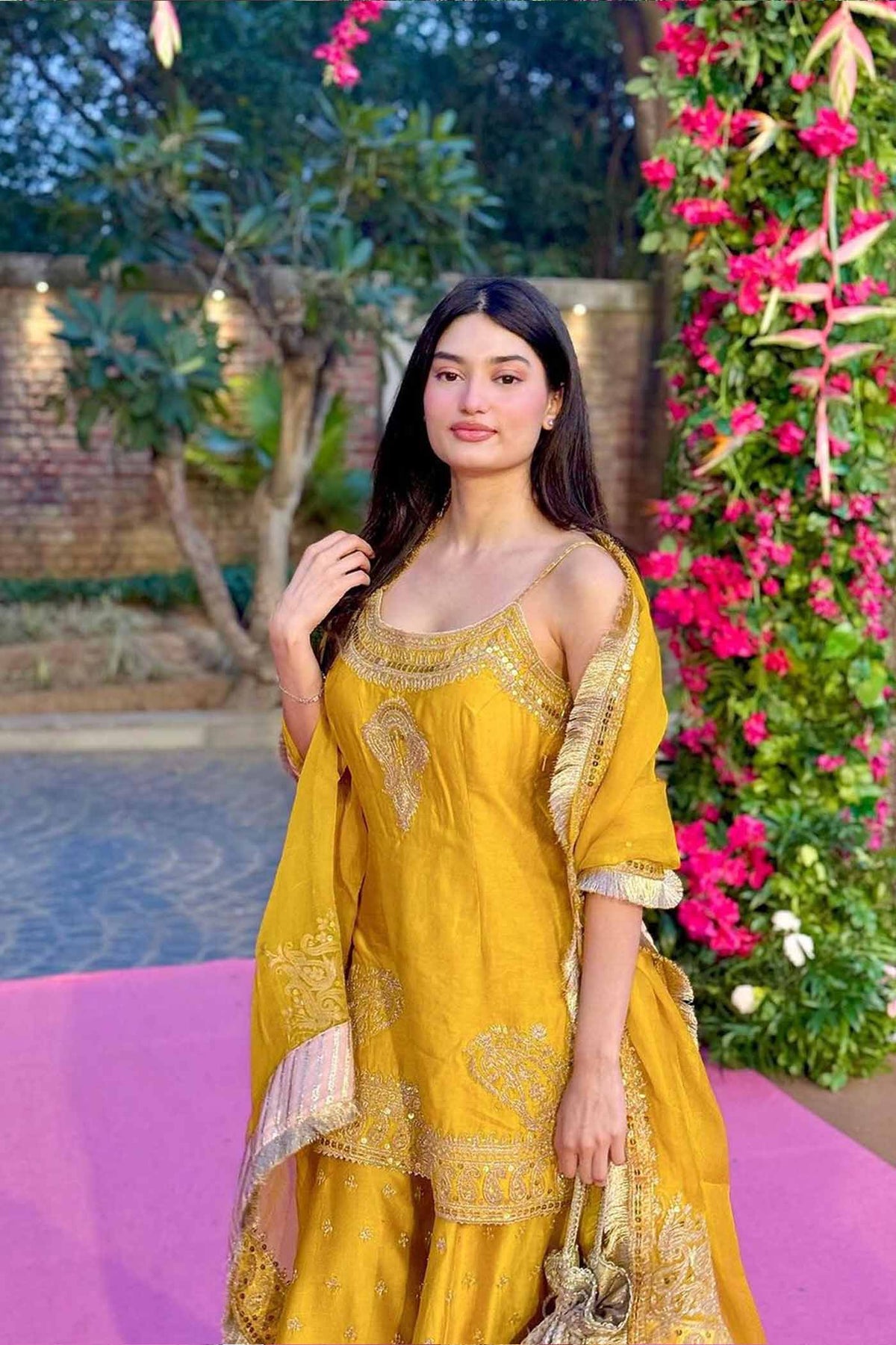 Medha Das In AABROO - Glaze Mustard SHORT KURTA WITH SHARARA AND DUPATTA