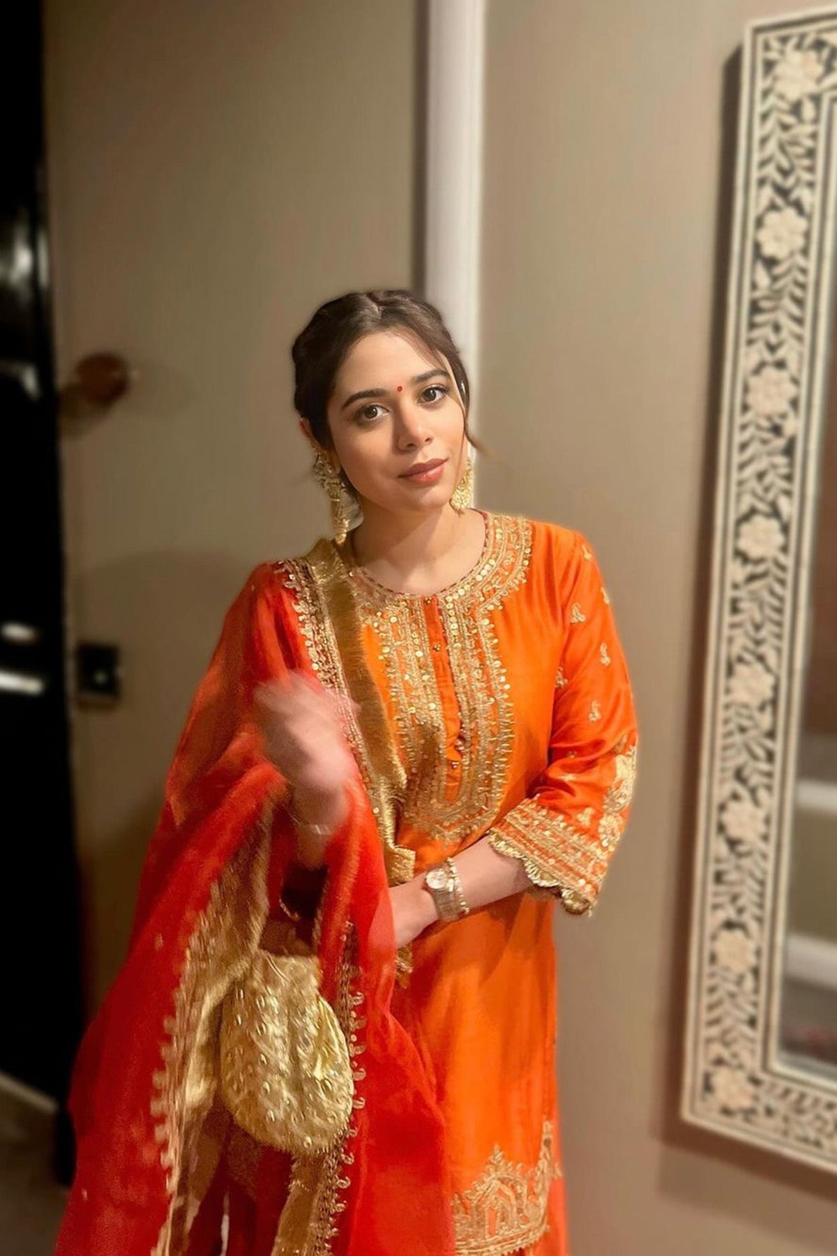 Tarini Bhatia In MISHIKA - BURNT ORANGE KURTA WITH SHARARA AND DUPATTA
