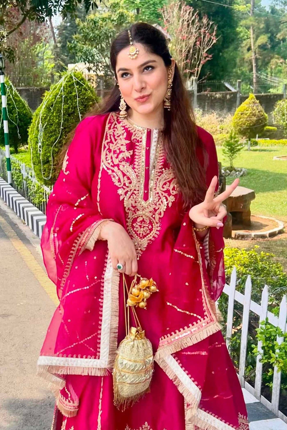 Guntas Sethi In MAHIKA - Rani Hotpink LONG KURTA WITH PALAZZO AND DUPATTA
