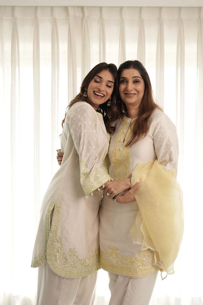 Tasheen In RUHI - DAISY IVORY WITH LEMON YELLOW SHORT KURTA AND DHOTI