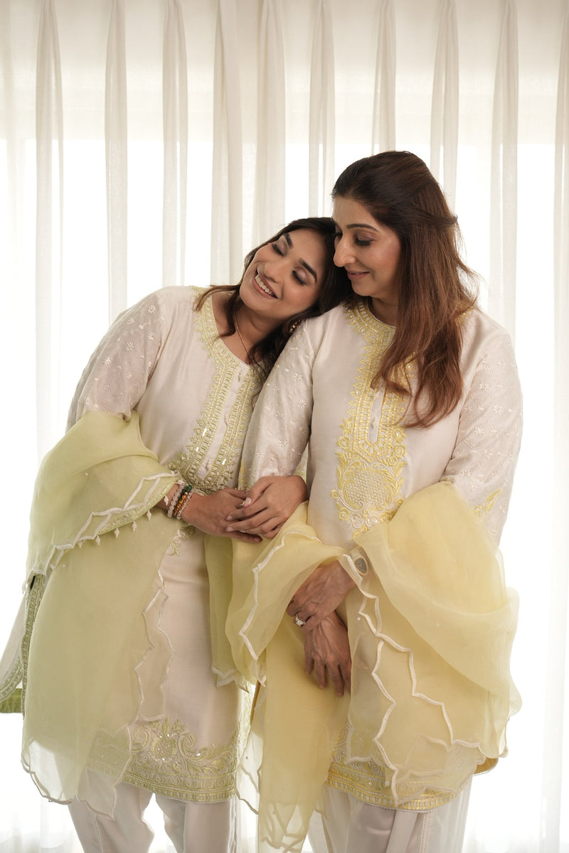Tasheen In RUHI - DAISY IVORY WITH LEMON YELLOW SHORT KURTA AND DHOTI