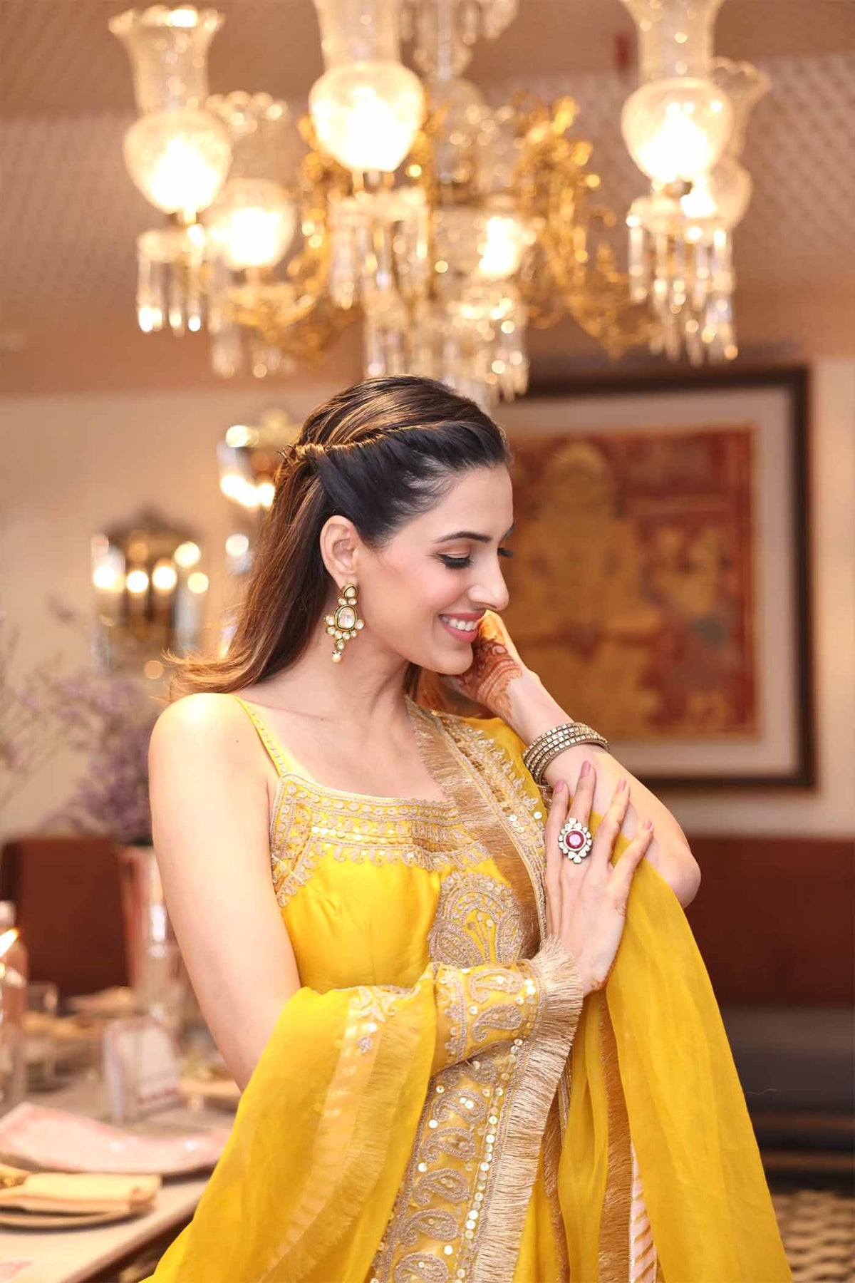 Shruti Juneja In AABROO - Glaze Mustard SHORT KURTA WITH SHARARA AND DUPATTA