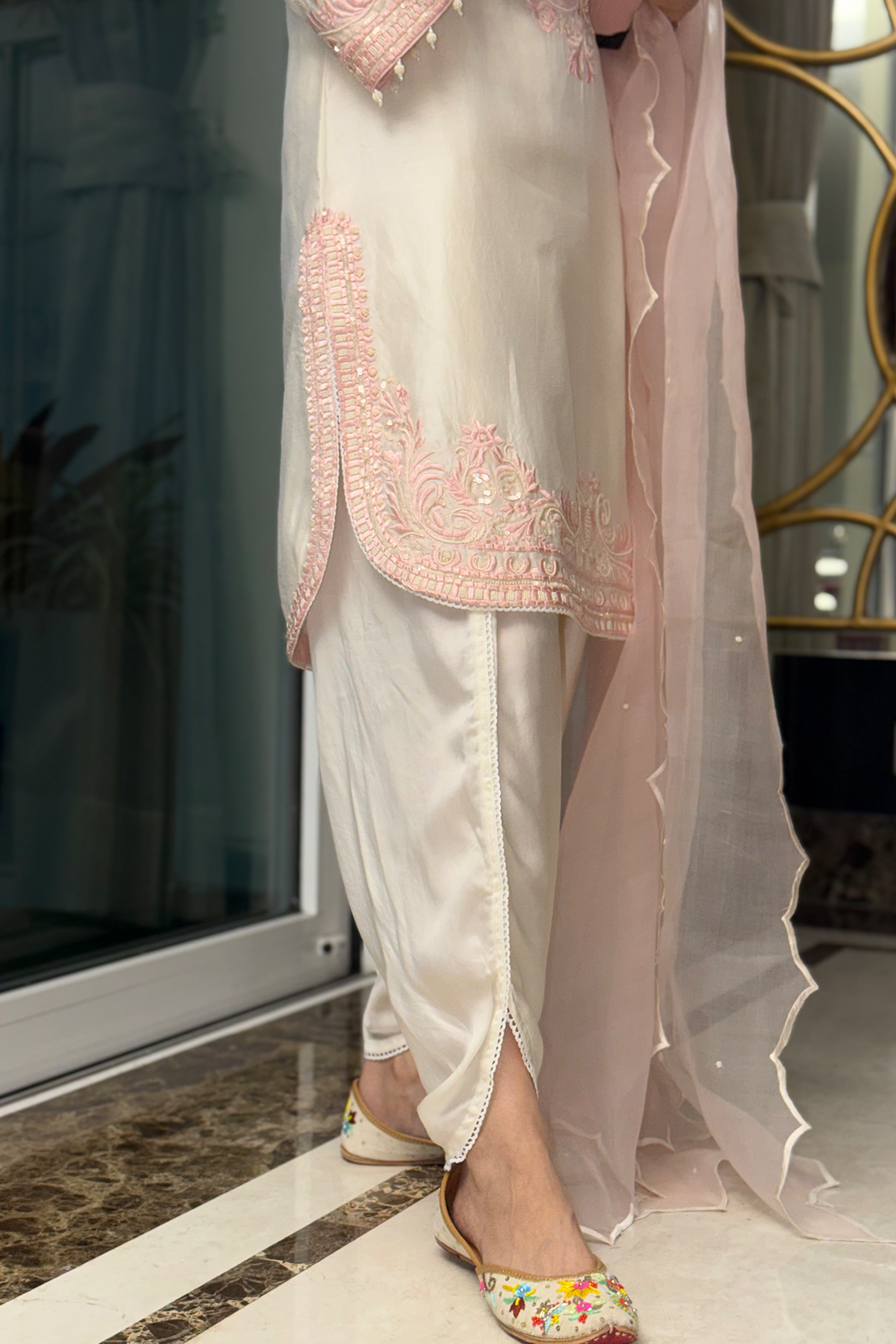 Dipti Dhillon In RUHI - DAISY IVORY WITH PINK SHORT KURTA AND DHOTI