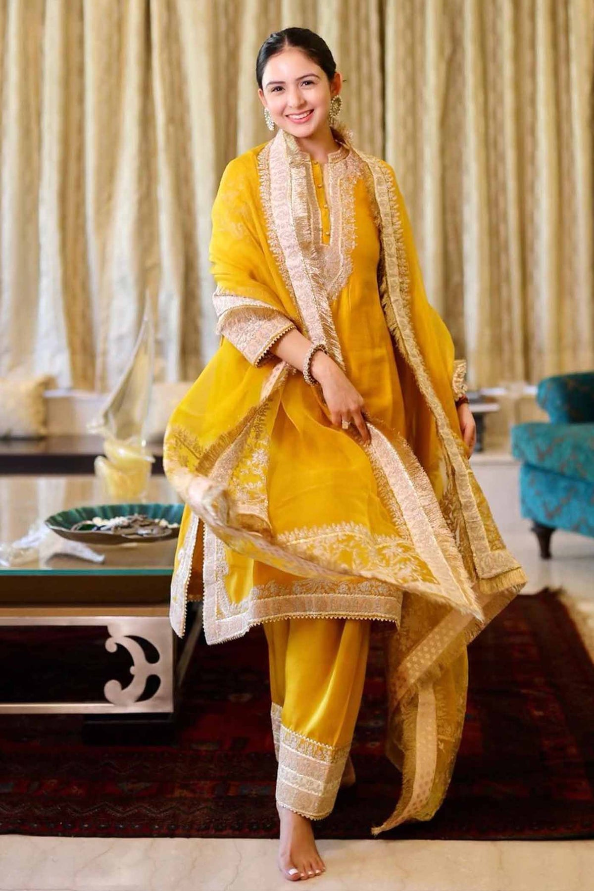 RESHAM - GLAZE MUSTARD SHORT KURTA WITH SALWAR AND DUPATTA (LXRTS)