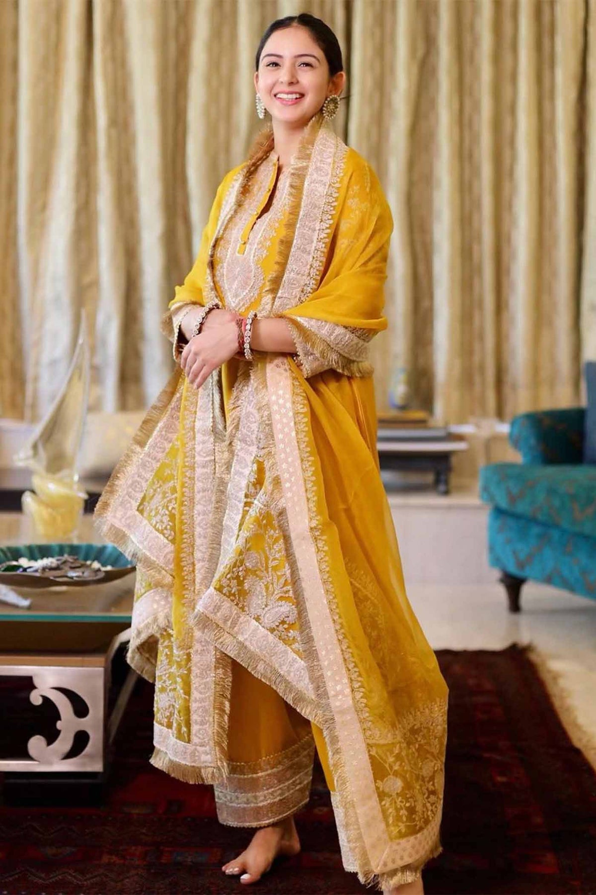 RESHAM - GLAZE MUSTARD SHORT KURTA WITH SALWAR AND DUPATTA (LXRTS)