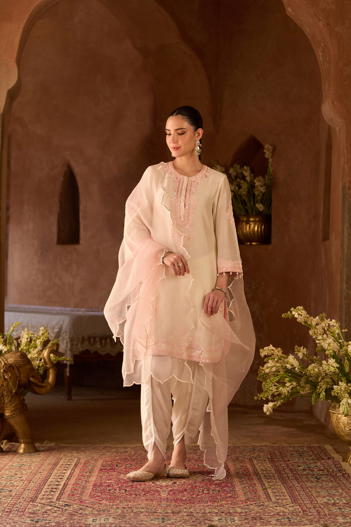 NYRA - DAISY IVORY WITH PINK SHORT KURTA AND DHOTI (LXRTS)