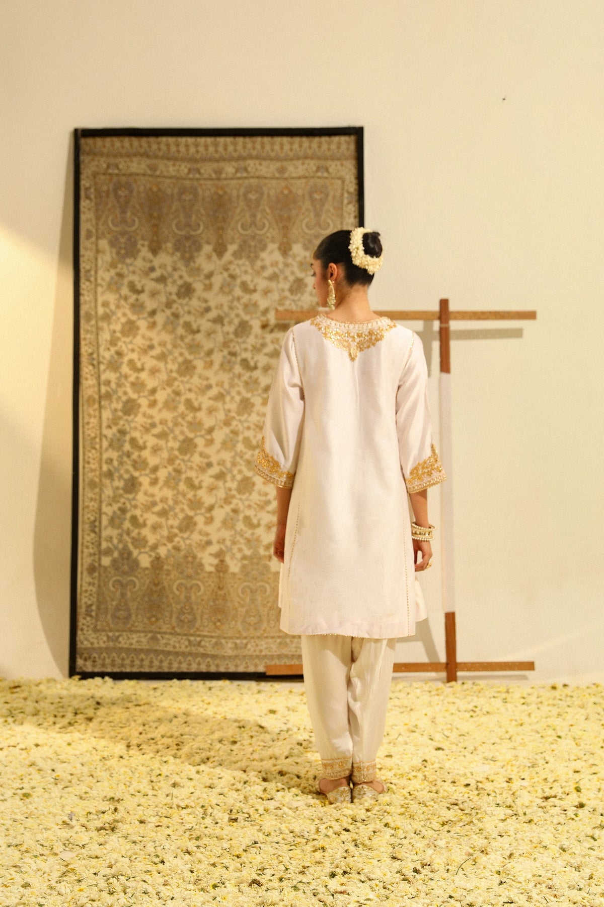 Shaheen - Daisy Ivory Hand Embroidered Short Choga with Salwar