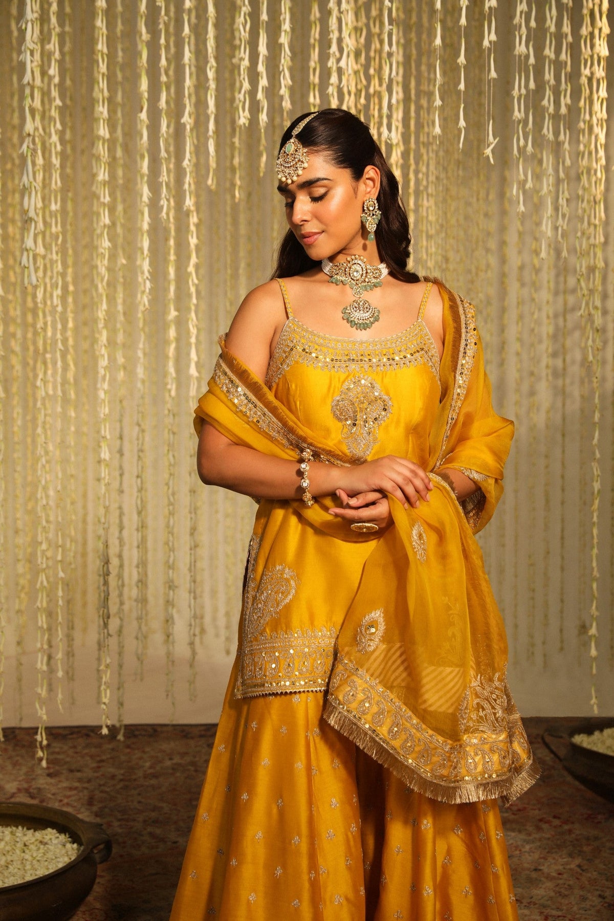 Riddhima Pandit In AABROO - Glaze Mustard SHORT KURTA WITH SHARARA AND DUPATTA