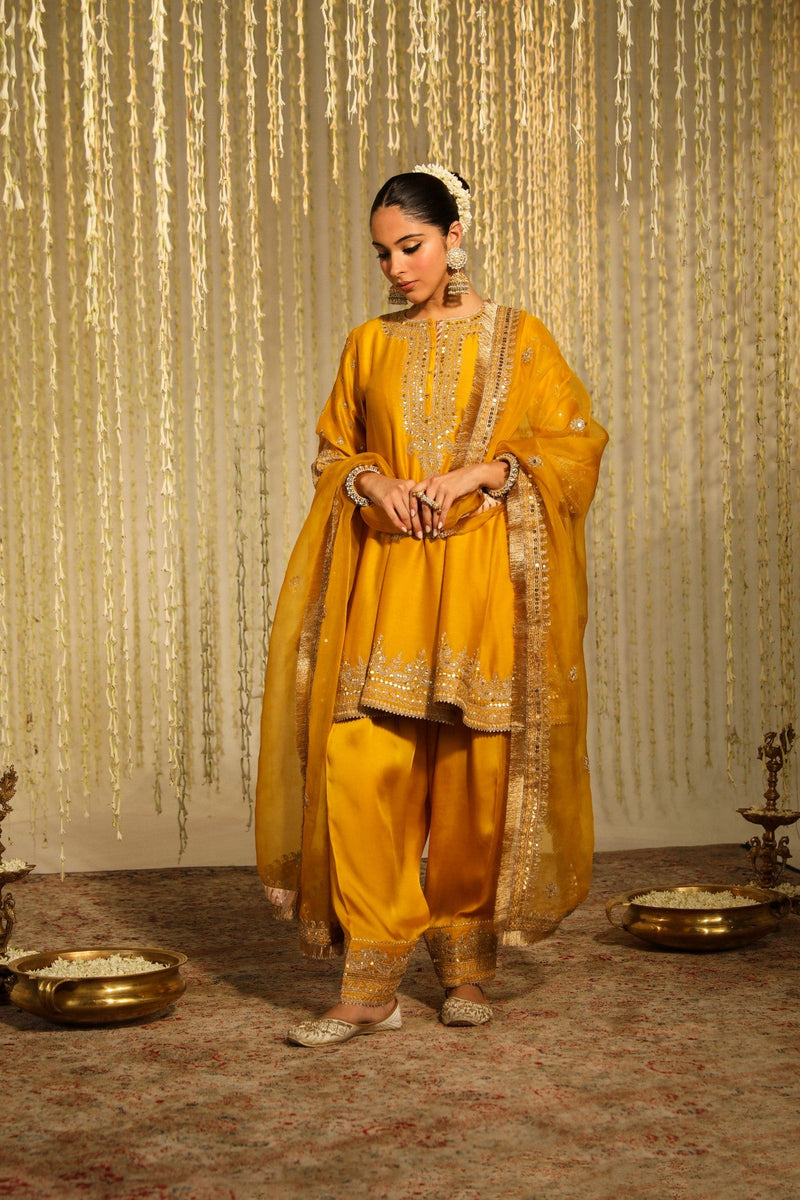 WARIZAH - Glaze Mustard SHORT ANARKALI WITH SALWAR AND DUPATTA