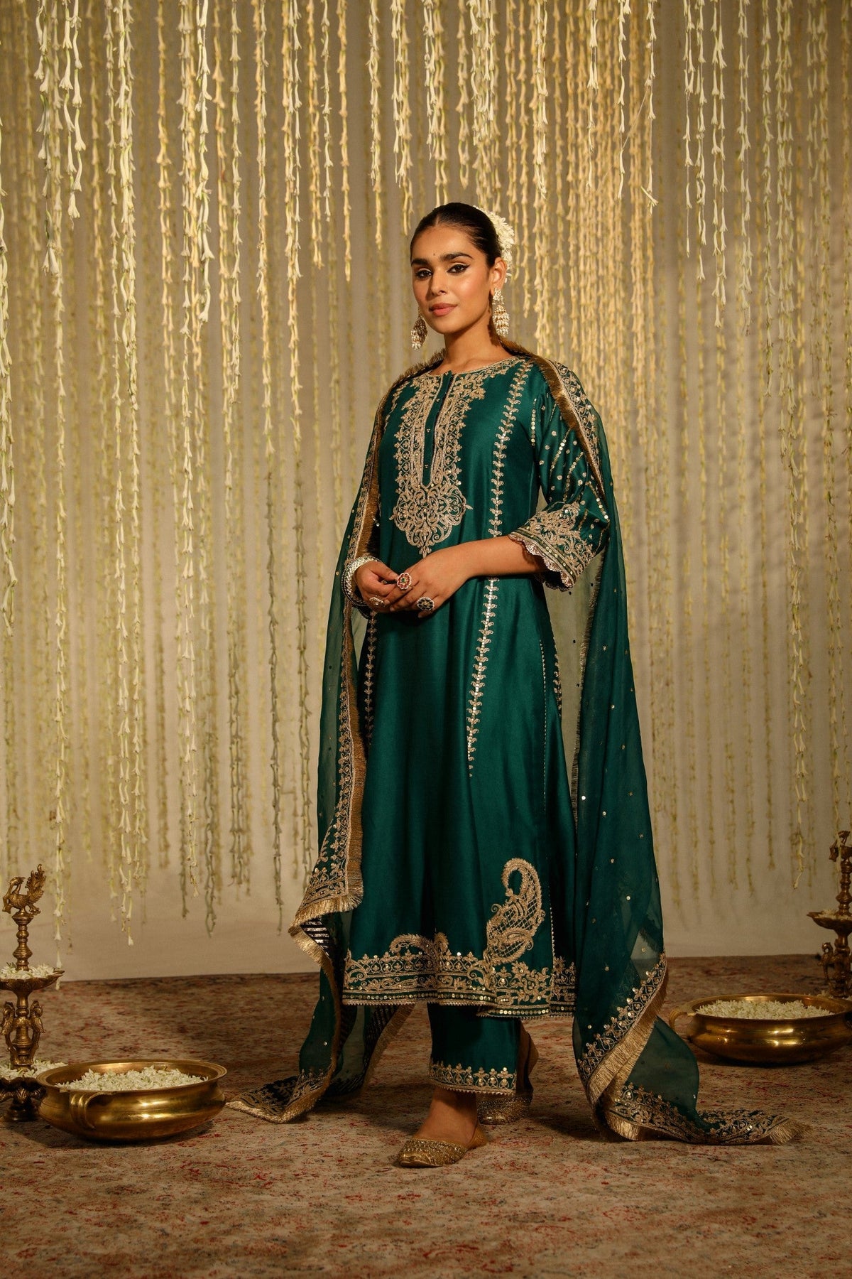 SONAKSHI SINHA IN SABIRAH - EMERALD GREEN LONG KURTA WITH PALAZZO AND DUPATTA