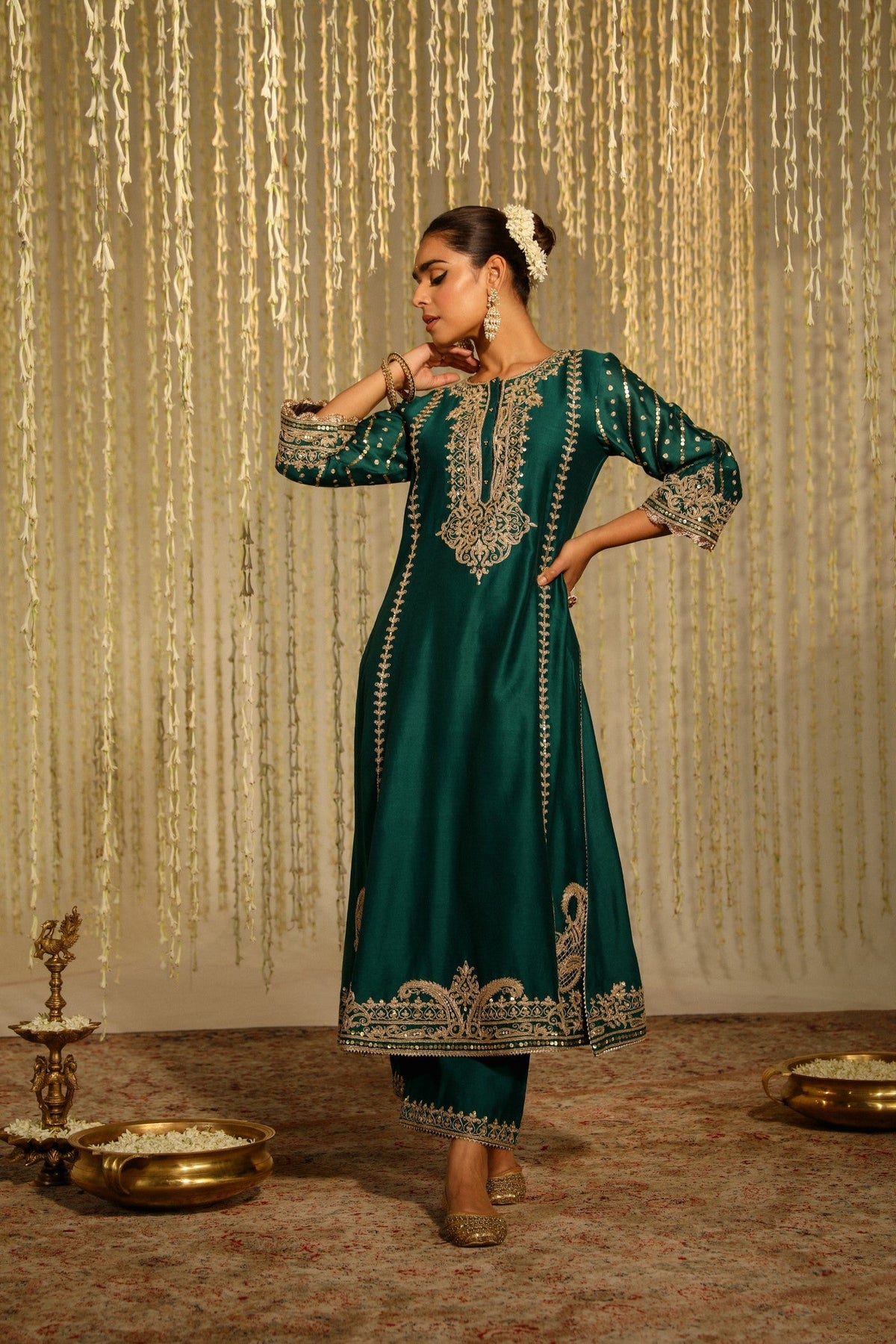 SABIRAH - EMERALD GREEN LONG KURTA WITH PALAZZO AND DUPATTA (LXRTS)
