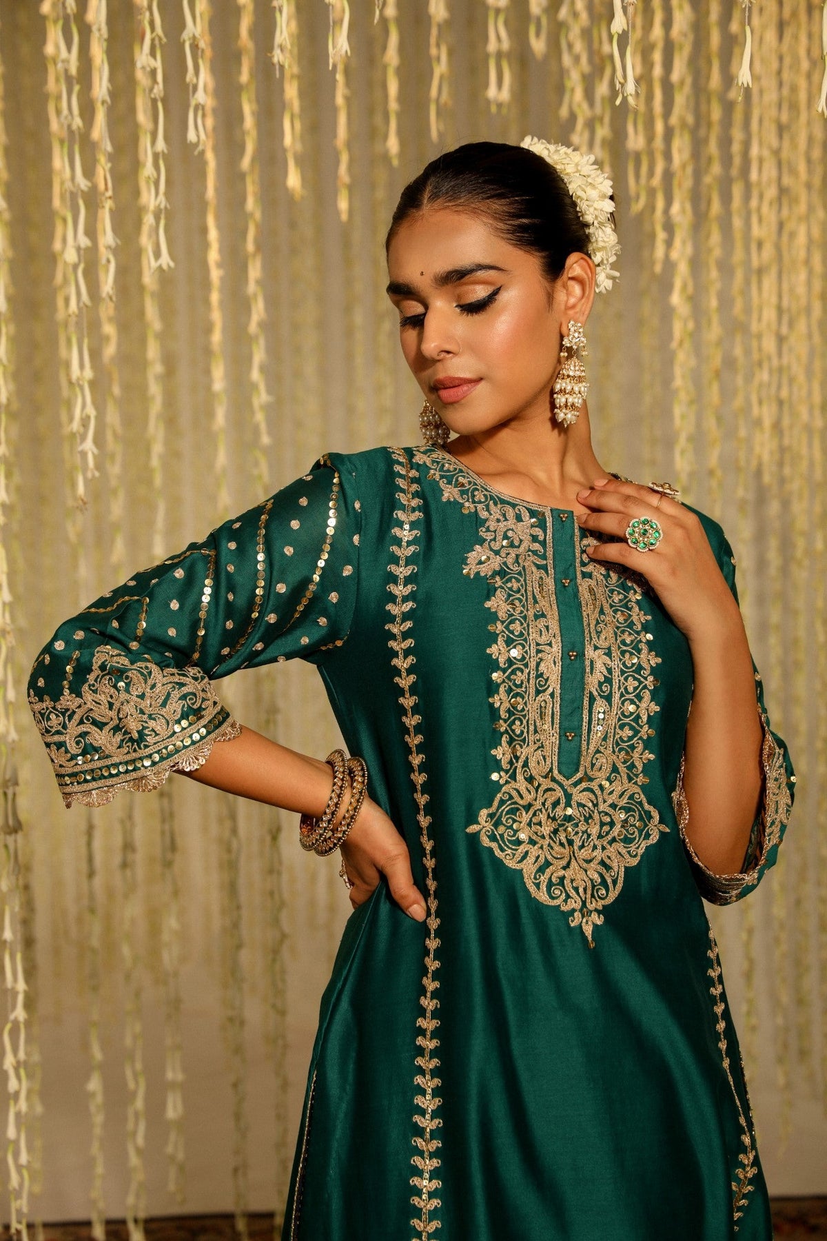 SABIRAH - EMERALD GREEN LONG KURTA WITH PALAZZO AND DUPATTA (LXRTS)