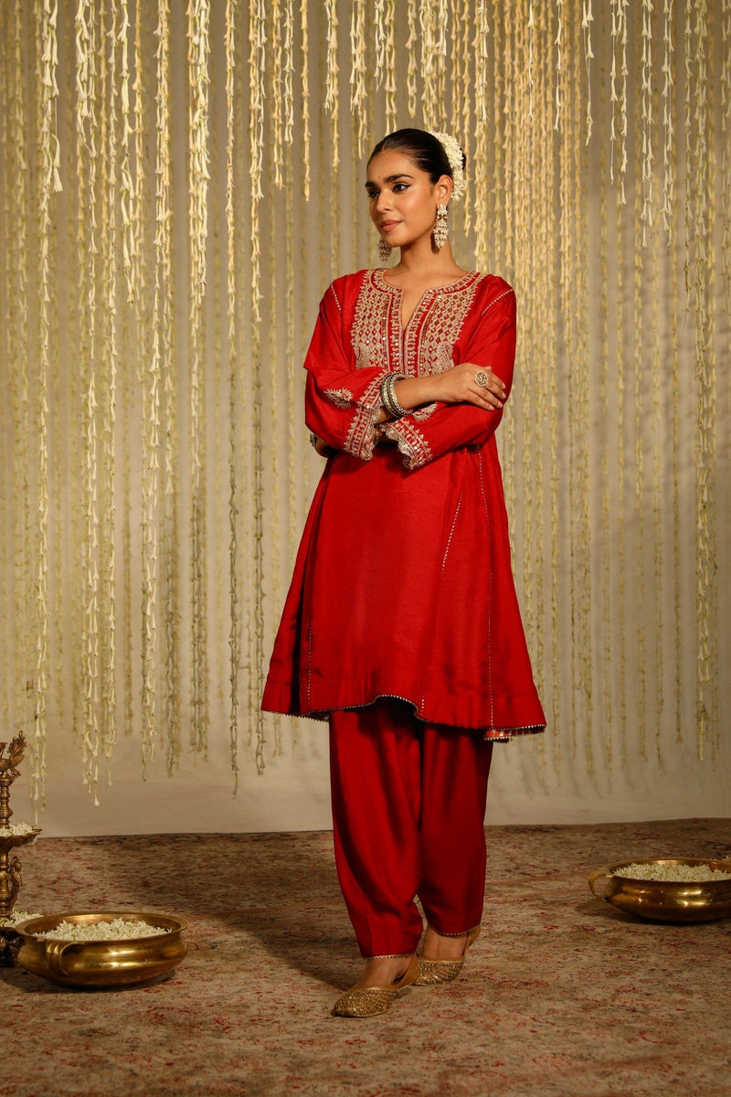 MEHREEN - DEEP RED SHORT CHOGA WITH SALWAR (LXRTS)