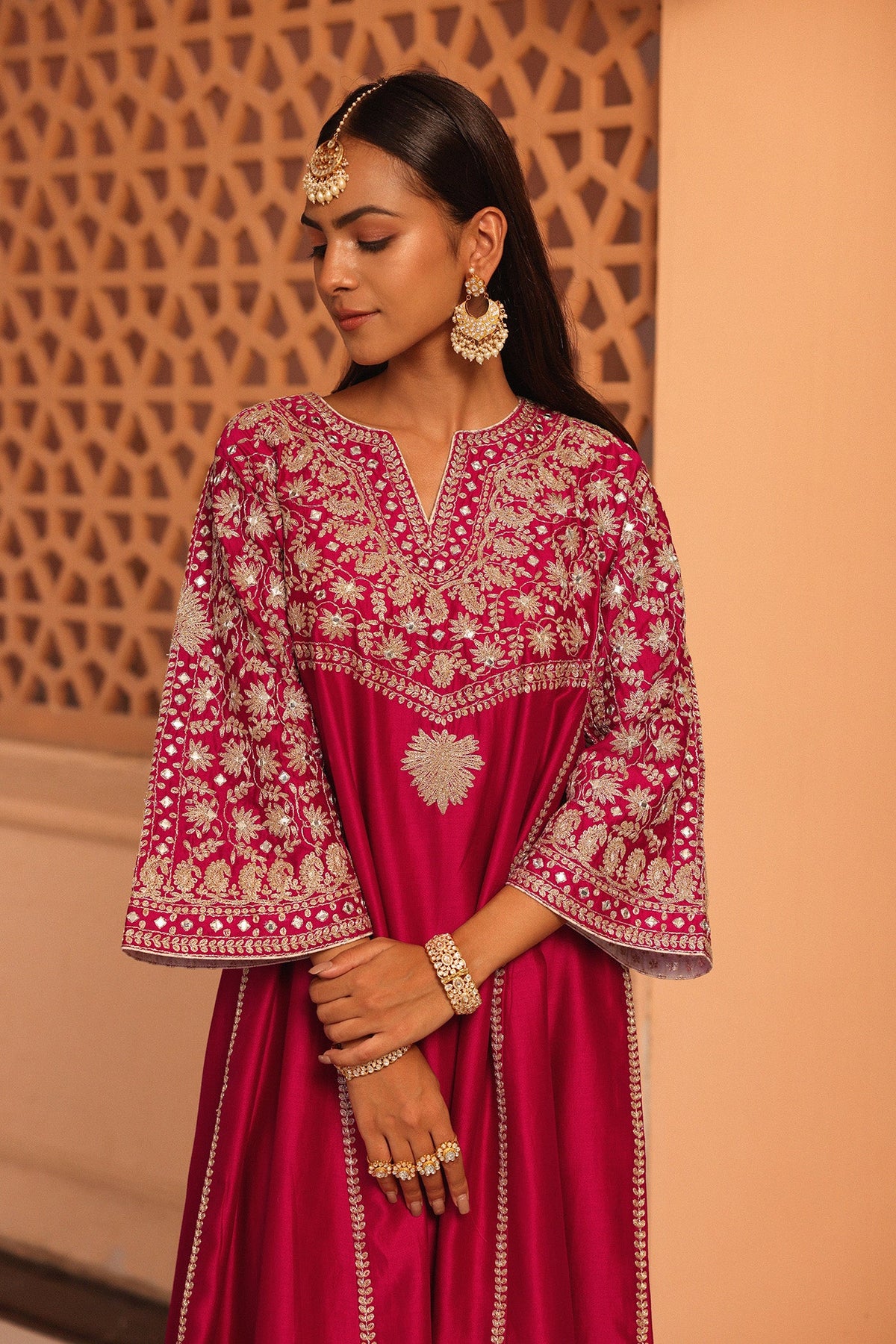 Aiman - Rani Hotpink Short Knee Length Choga with Salwar