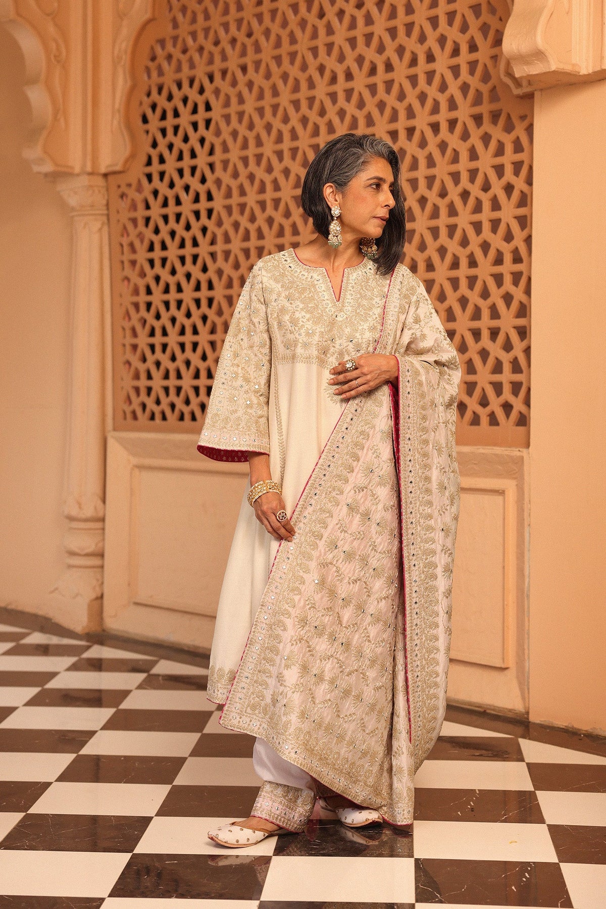 Aiman - Daisy Ivory Short Knee Length Choga with Salwar and Odhni (Lxrts)