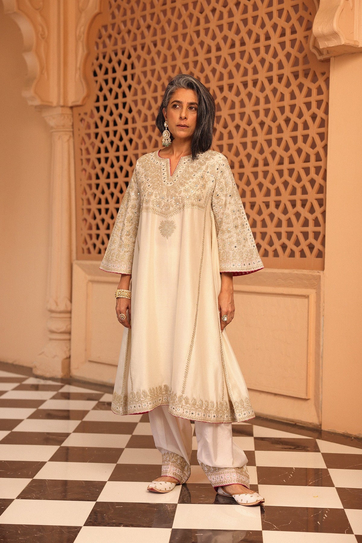 Aiman - Daisy Ivory Short Knee Length Choga with Salwar and Odhni (Lxrts)