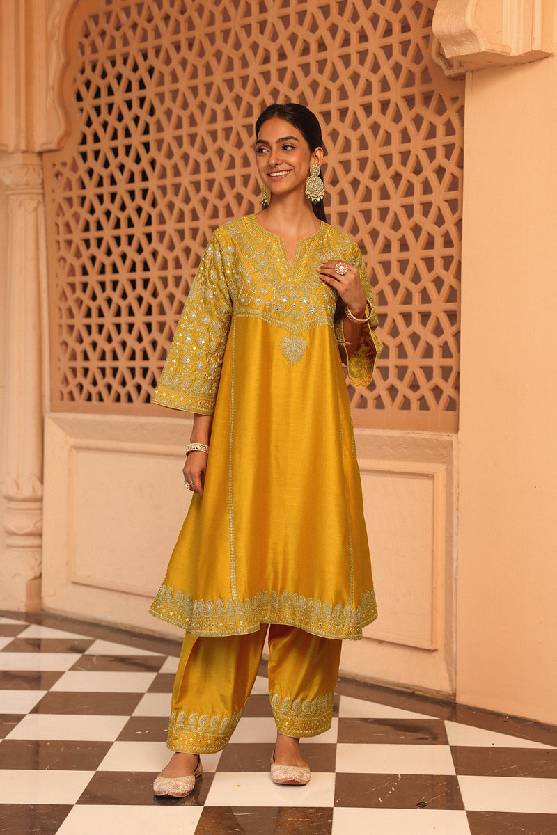 Aiman - Heirloom Mustard Short Knee Length Choga with Salwar