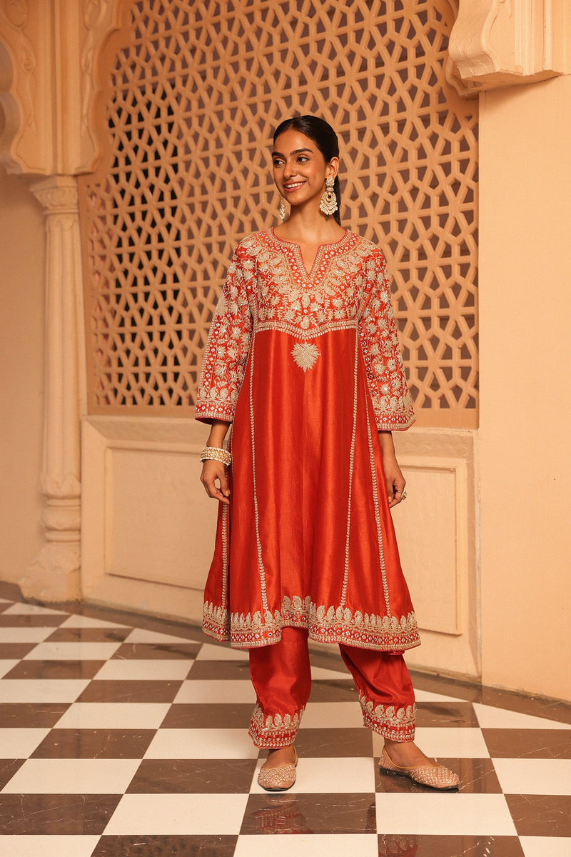 Simran Rajpal In Aiman - Burnt Orange Short Knee Length Choga with Salwar and Odhni