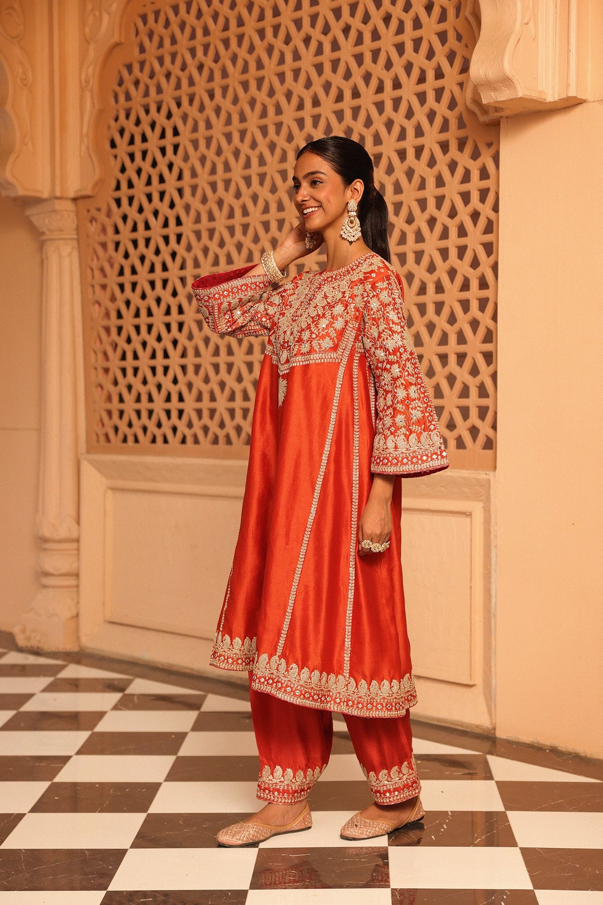 Aiman - Burnt Orange Short Knee Length Choga with Salwar and Khada Dupatta