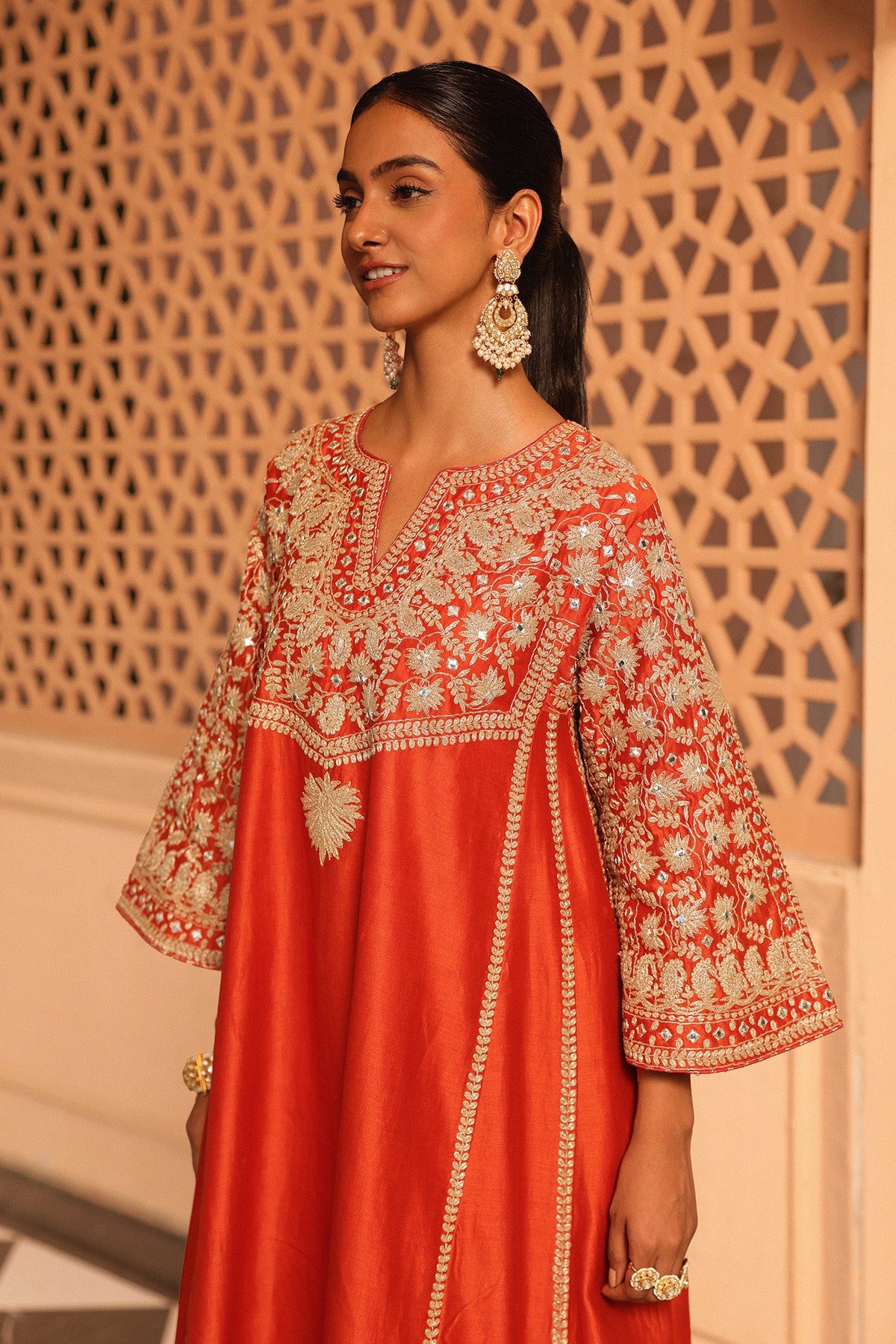 Aiman - Burnt Orange Short Knee Length Choga with Salwar and Khada Dupatta