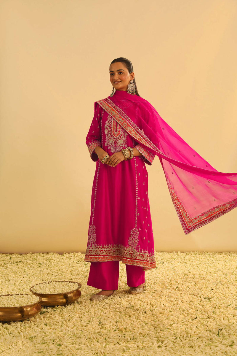 Mayra - Rani Hotpink Long Kurta with Palazzo & Dupatta