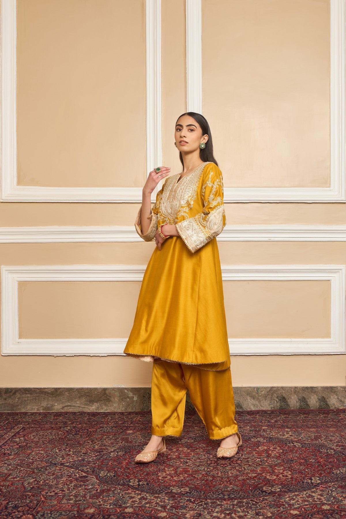 MOHSINA - Glaze Mustard SHORT KALIDAAR CHOGA WITH SALWAR