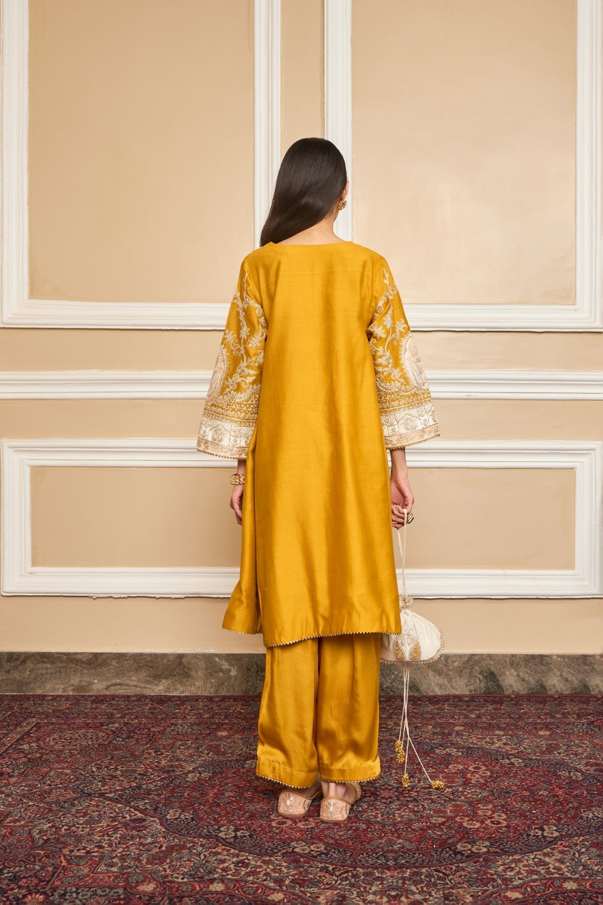 SHRADDHA GURUNG IN MOHSINA - Glaze Mustard SHORT KALIDAAR CHOGA WITH SALWAR