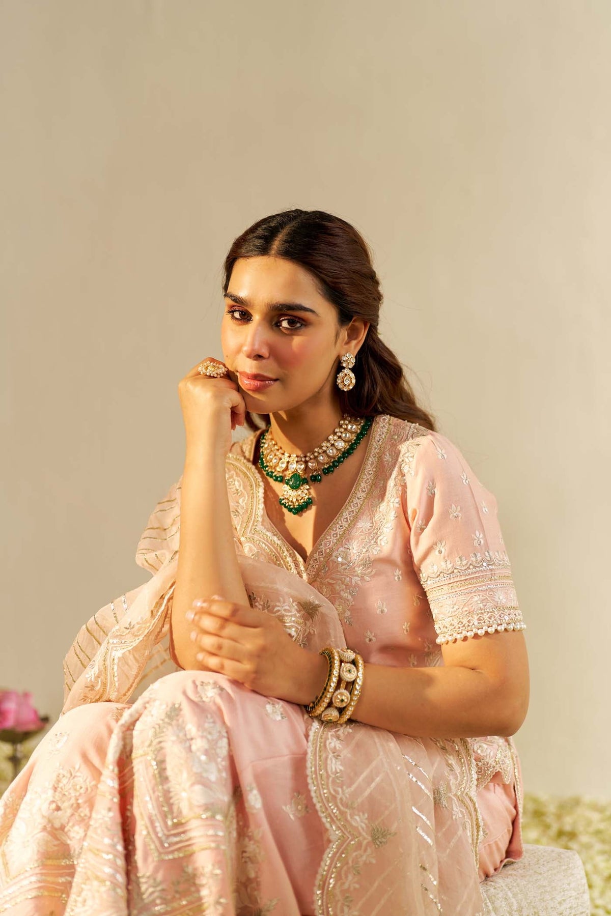 SAMEEHA - Off Rose SHORT KURTA WITH SHARARA