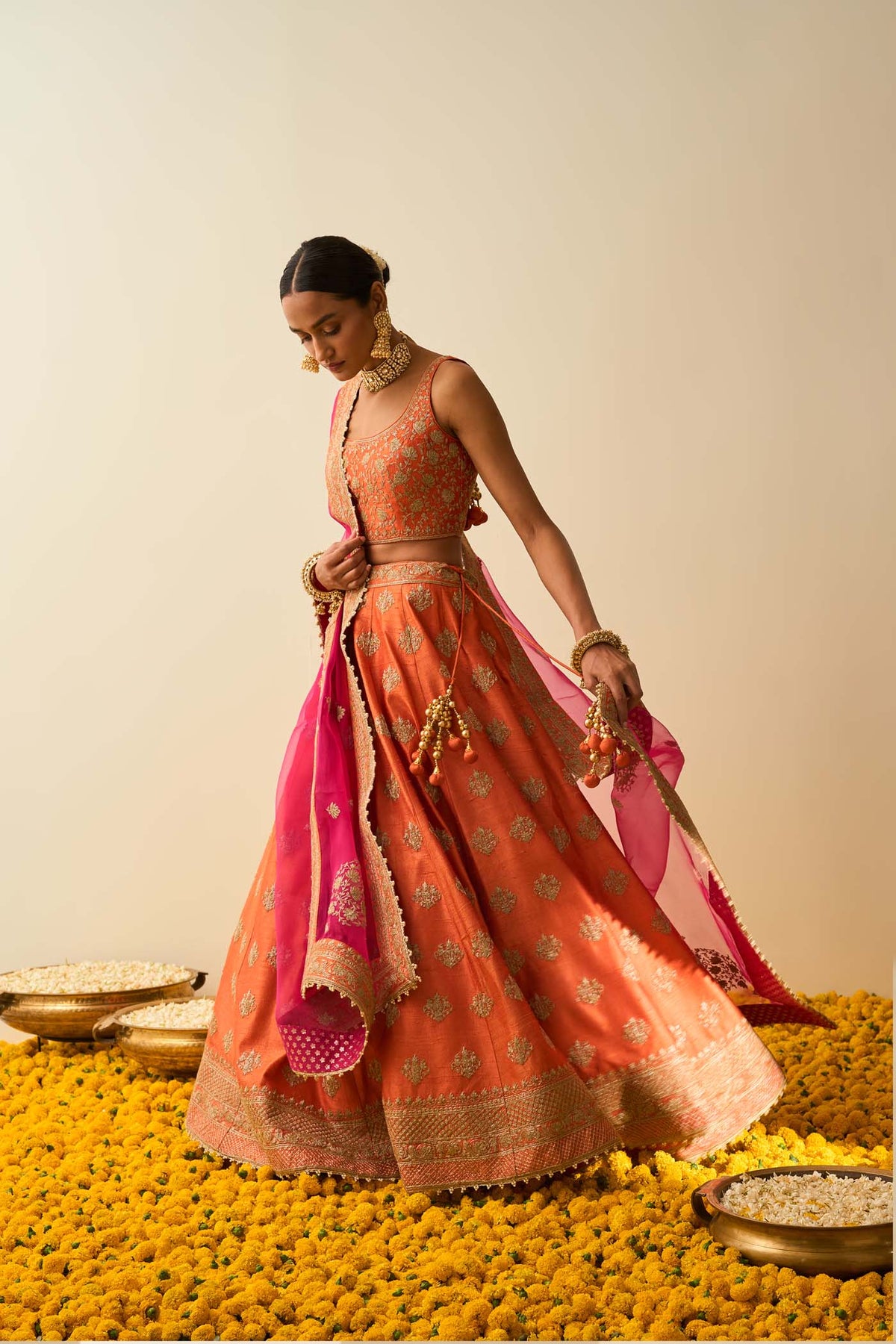 Mahira Burnt Orange Kashmiri tilla lehenga with blouse and dupatta