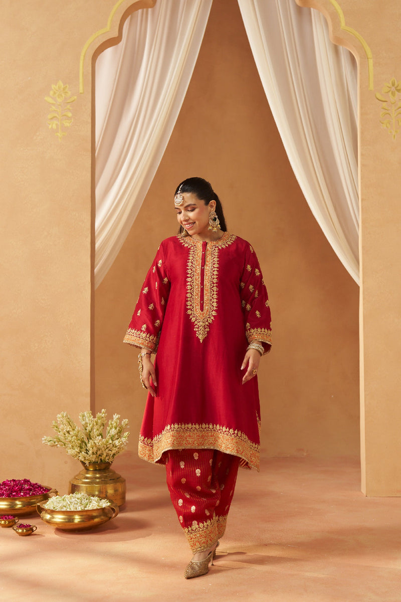 Zeenal Deep Red A-Line Kaaftan with Salwar