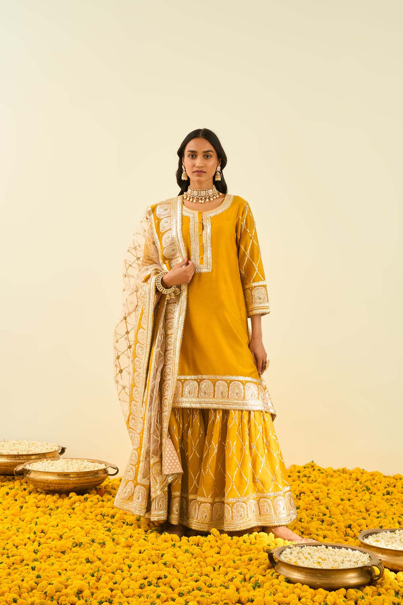 Heena Bhalla IN Shabina- Heirloom Mustard short kurta with garara and dupatta