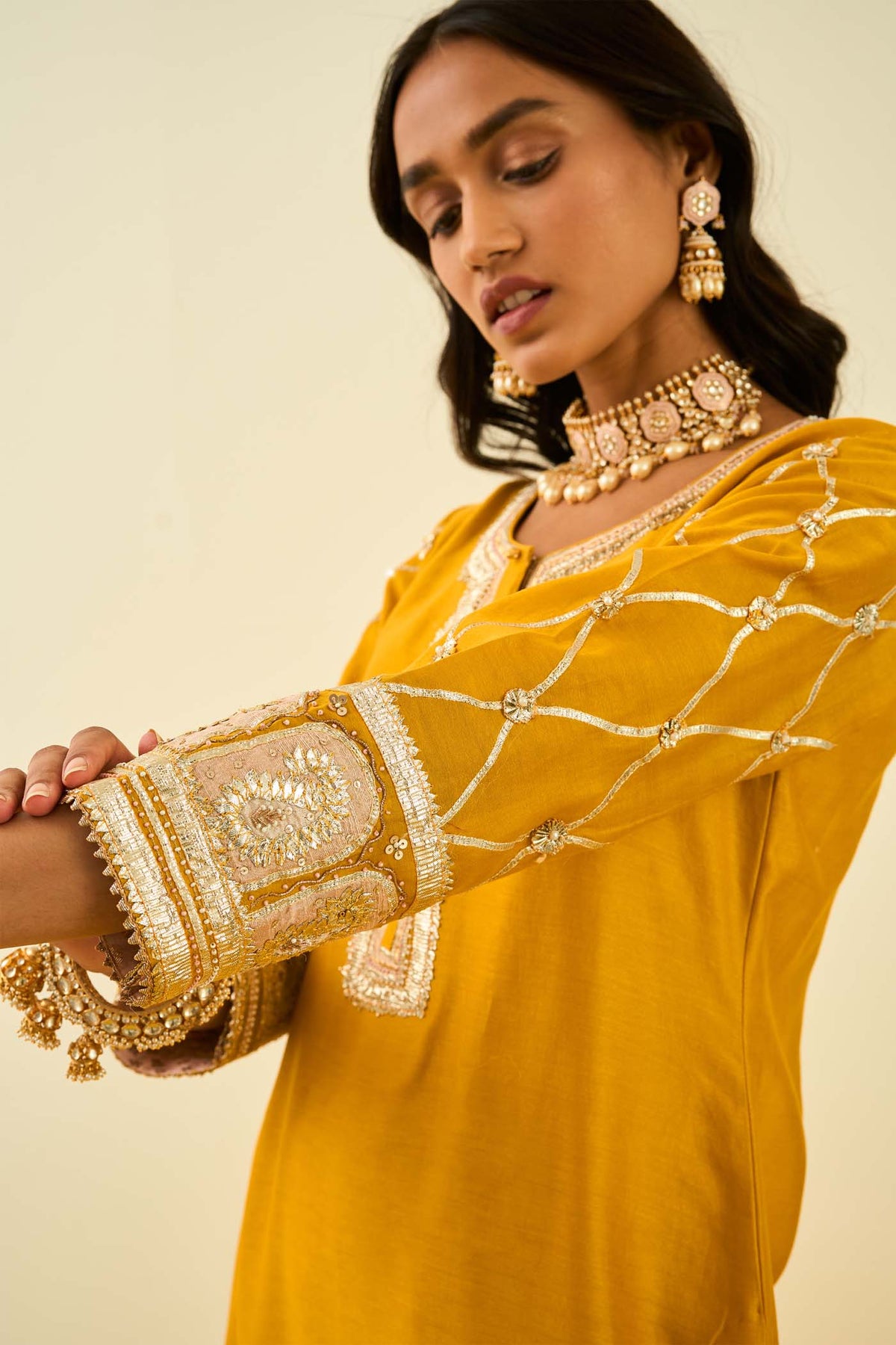 Sukhneet Wadhwa IN Shabina- Glaze Mustard short kurta with garara and dupatta