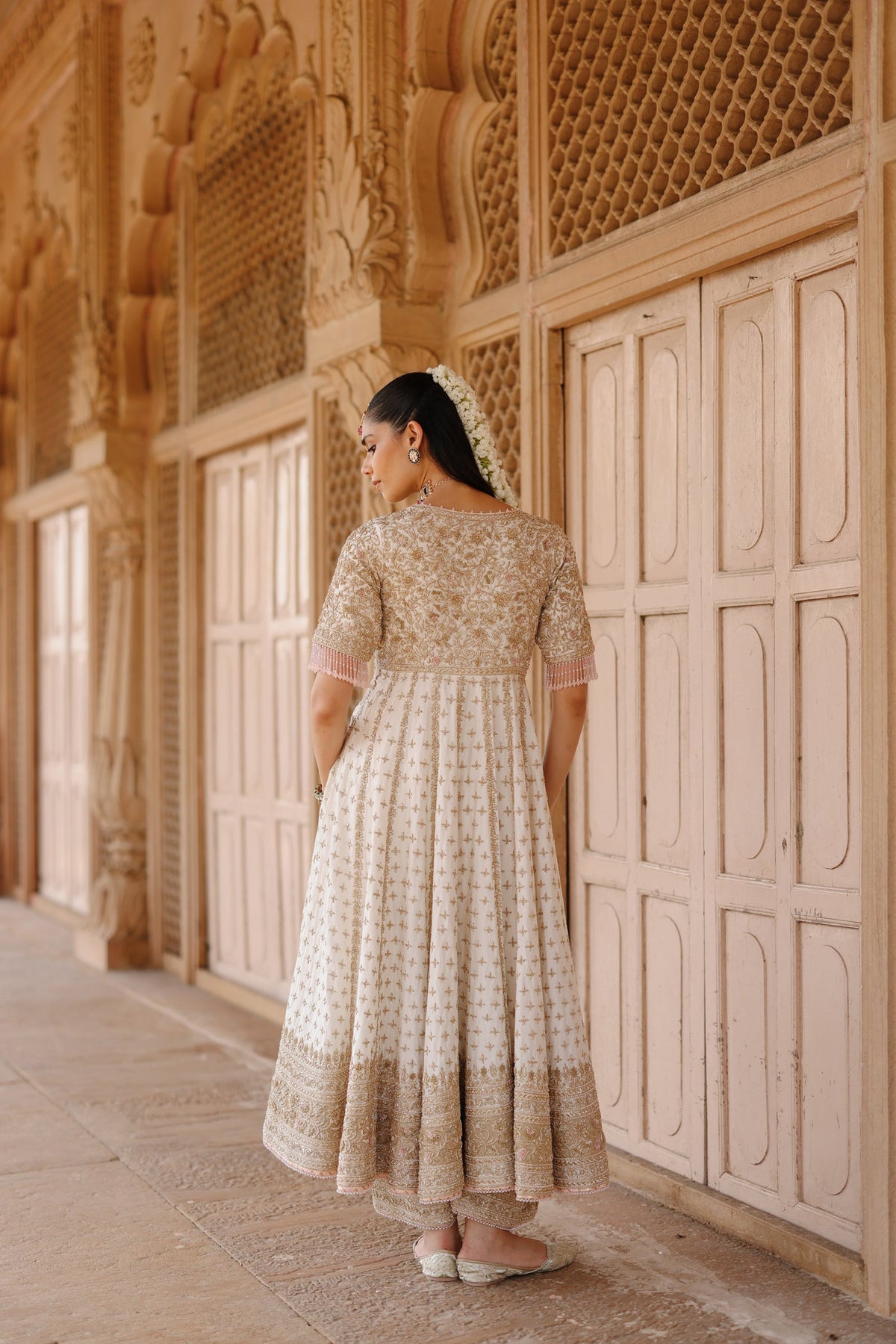 Nafees  - Daisy Ivory Kalidaar Anarkali Set with Palazzo & Dupatta