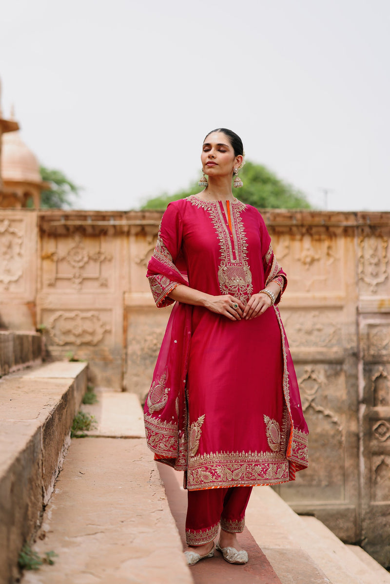 Arwa - Rani Hot Pink Long Kurta Set with Salwar & Dupatta