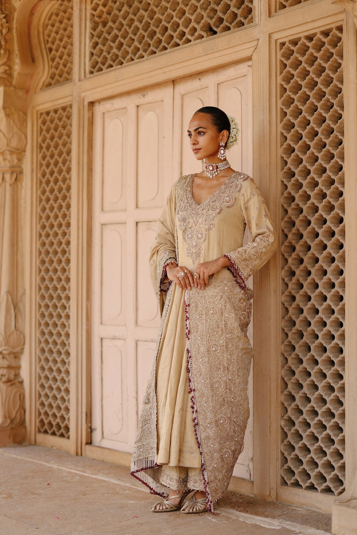 Rooh – Gold Tissue Long Kalidaar Anarkali Set with Palazzo & Dupatta