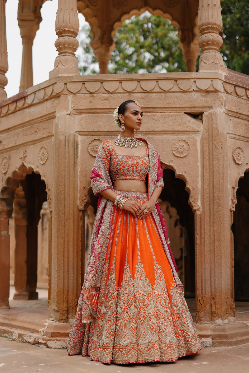 Rakul Preet Singh In Nagma  - Orange Lehenga Set with Blouse & Rani Hot Pink Dupatta