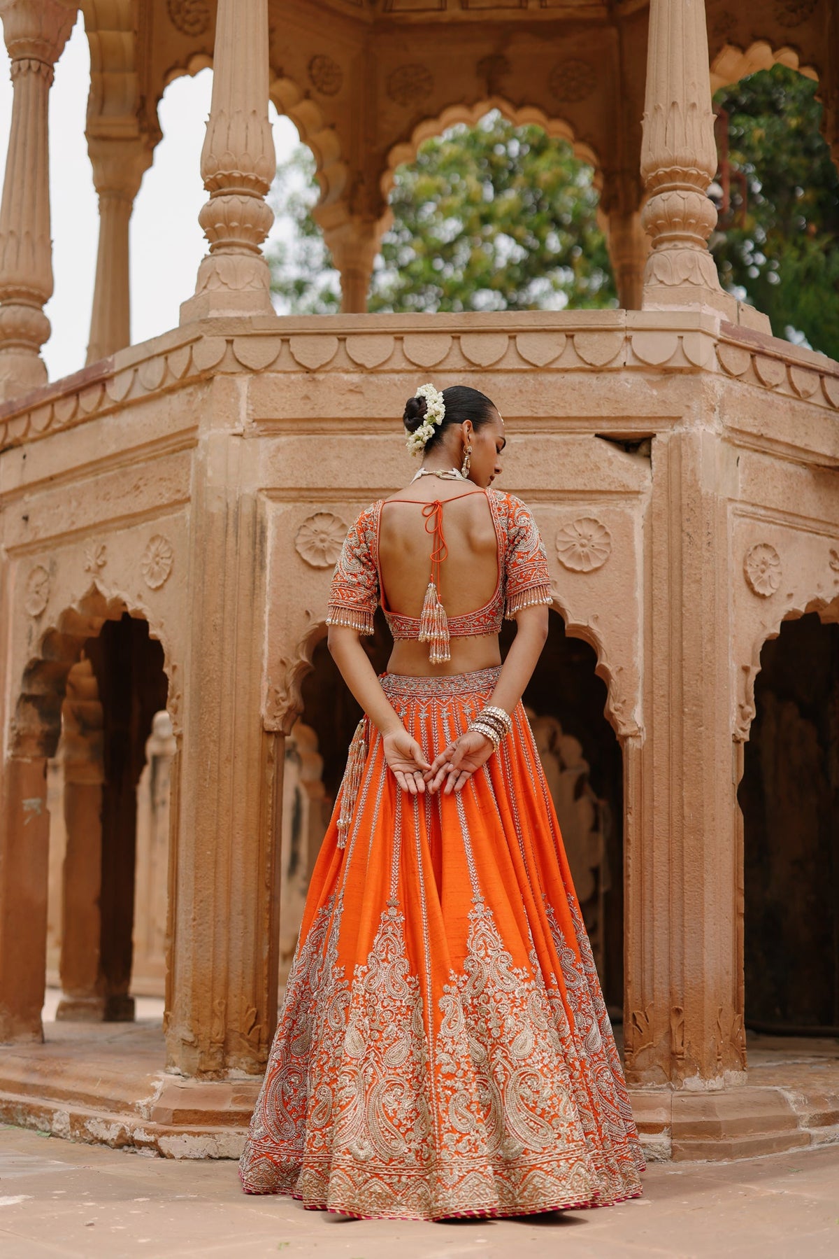 Nagma  - Orange Lehenga Set with Blouse & Rani Hot Pink Dupatta