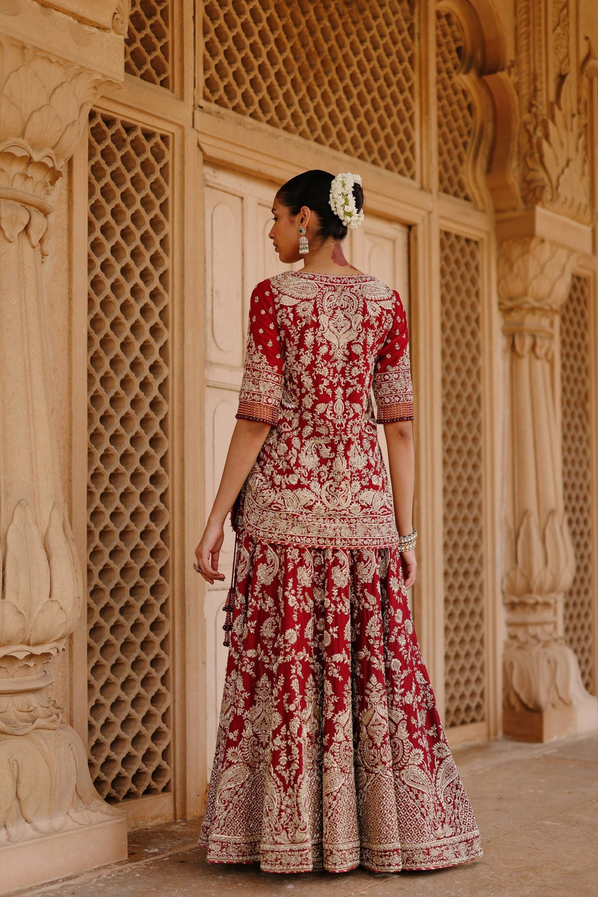 Merab - Deep Red Kurta Set with Lehenga & Dupatta