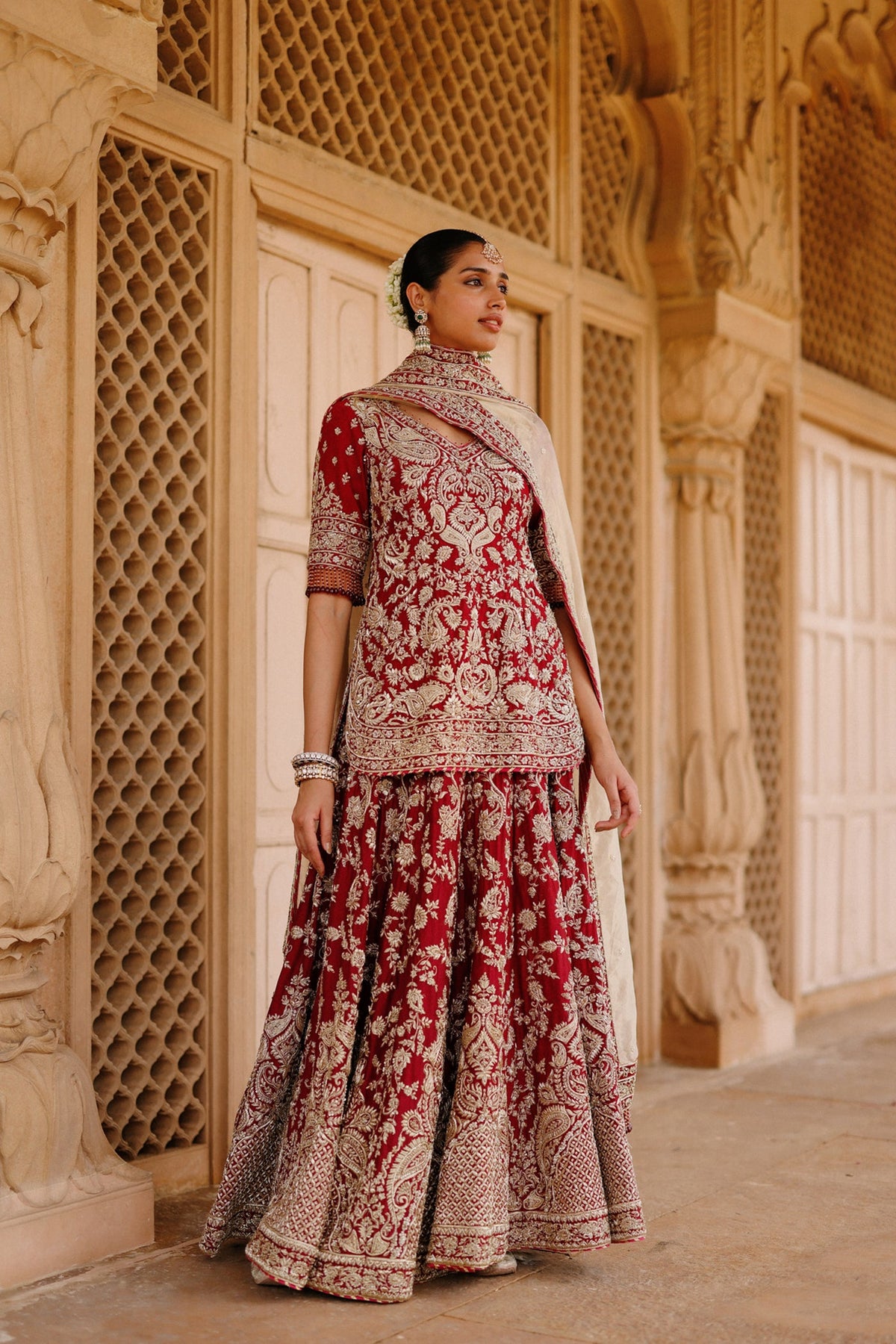 Merab - Deep Red Kurta Set with Lehenga & Dupatta